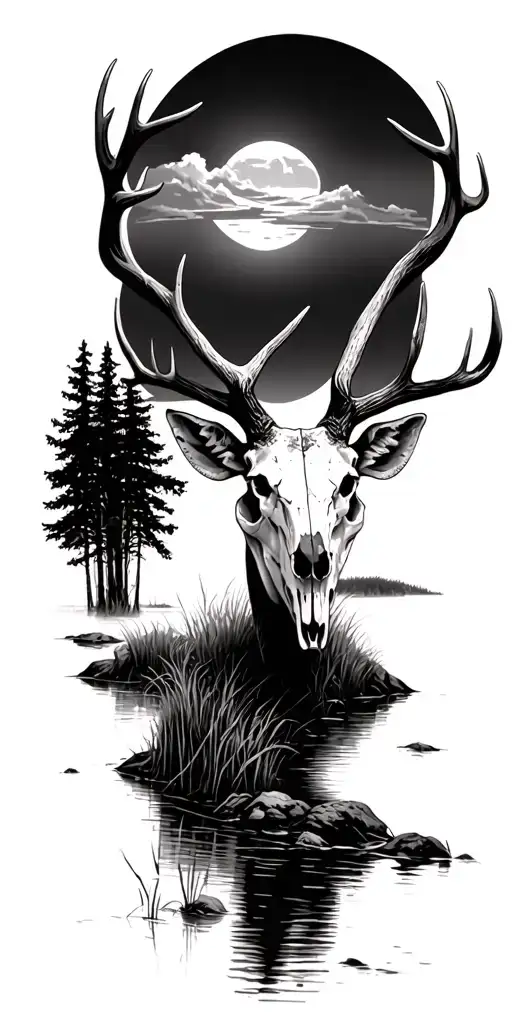 Black and grey full sleeve tattpp of a deer skull on the shore of a river that flows through a marsh tattoo design idea