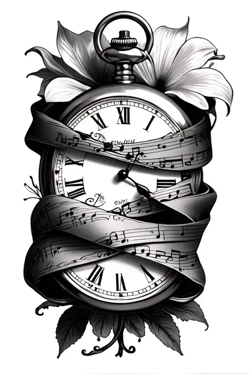 pocket watch Lilly's wrapped in sheet music tattoo design idea