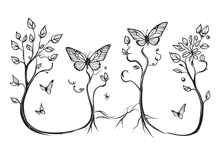 A tatto for 3 sibling want to merge, elder brother with a tree and middle sister with butter fly and last younger brothe tattoo design idea