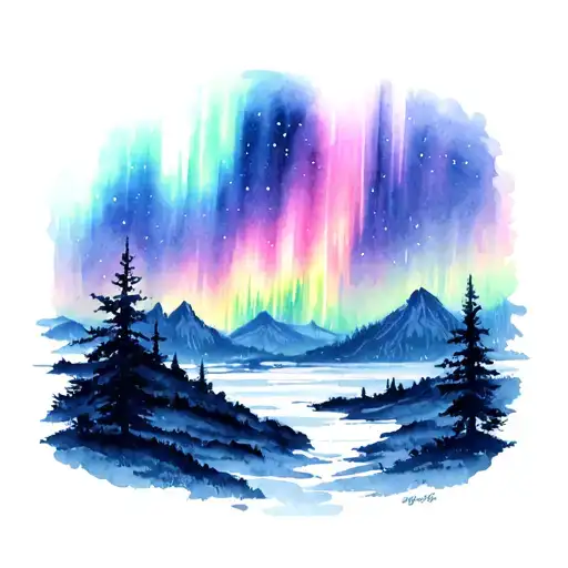 skyrim landscape, night, aurora borealis, minimalist tattoo design idea