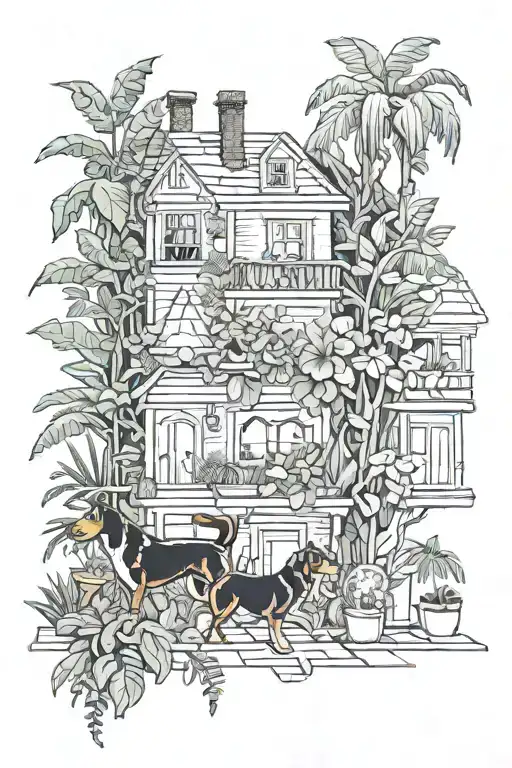 dogs and five story house plants tattoo design idea