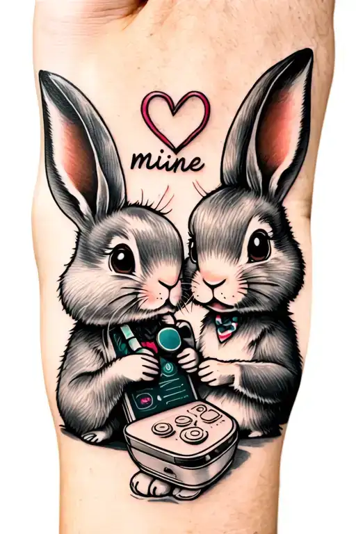 couple tattoo on the wrist with cute bunny using tin phone, and the wire make a heart shape. on top word 'mine' tattoo design idea
