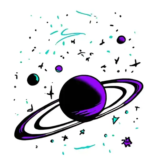 SATURN PLANET WHAT IS ACUTELA style in violet and turquoise colors tattoo design idea