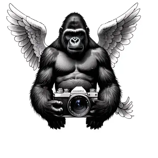A gorilla with angel wings and a photo camera da gallery tattoo design idea
