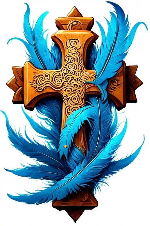 "Face kaa" Feathered Cross with Blue Feathers – A cross wrapped in flowing blue feathers, symbolizin tattoo design idea