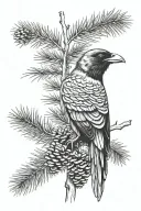 douglas Fir tree with pinecones and raven sitting tattoo design idea