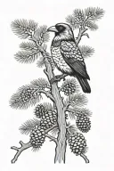 douglas Fir tree with pinecones and raven sitting tattoo design idea
