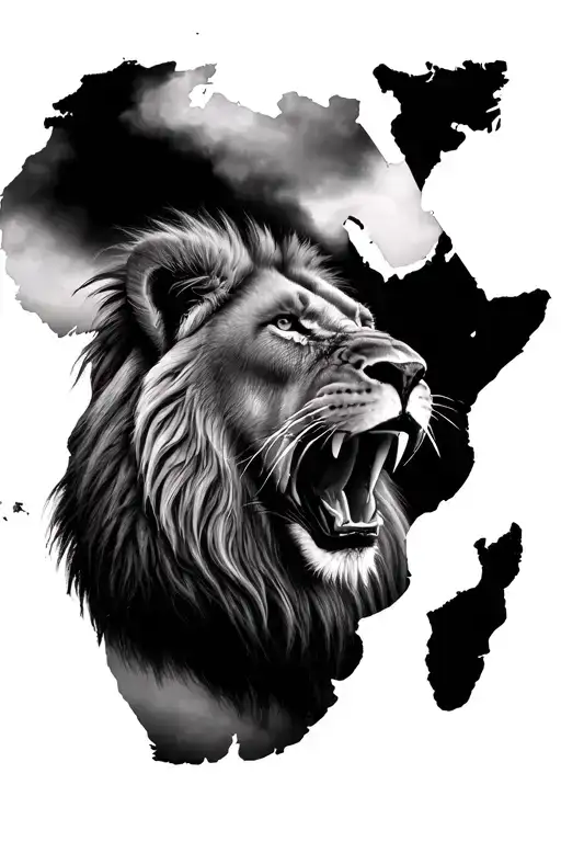 African map with a roaring lion inside of it. maintain the African map shape  tattoo design idea