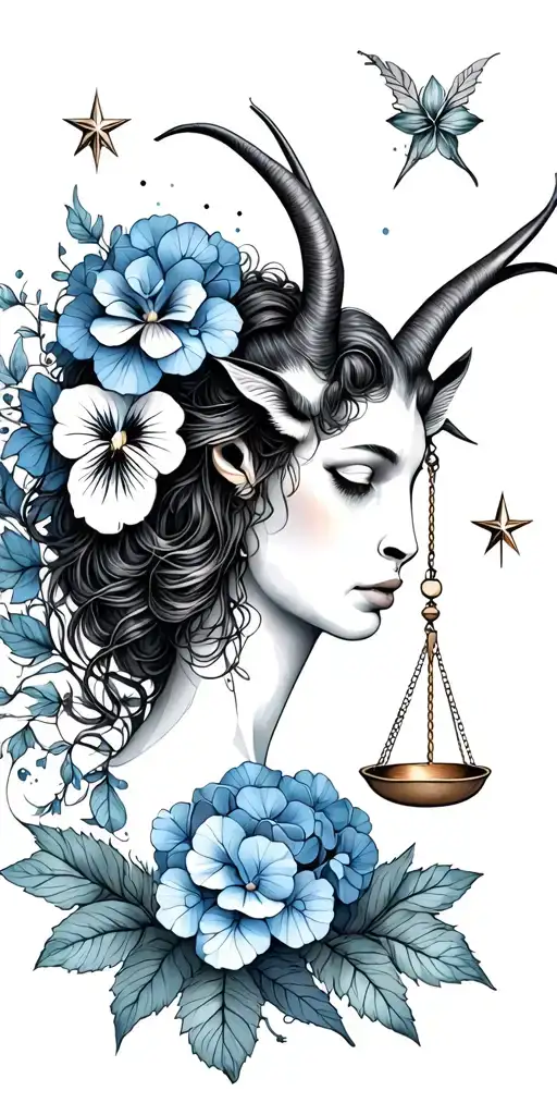 Capricorn woman sea goat, LIBRA SCALES, pansy flower, large BEETLE, blue hydrangea petals, stars, zodiac tattoo design idea