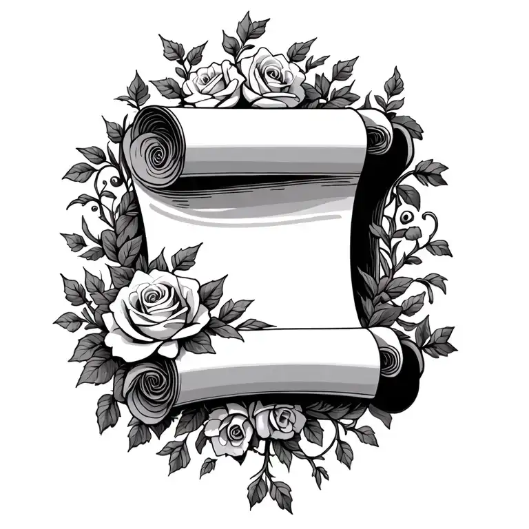 a scroll surrounded by roses and vines going tattoo design idea