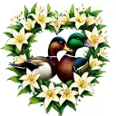 two mallard ducks cuddling inside a wreath of lily flowers in the shape of a heart tattoo design idea