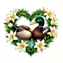 two mallard ducks cuddling inside a wreath of lily flowers in the shape of a heart tattoo design idea