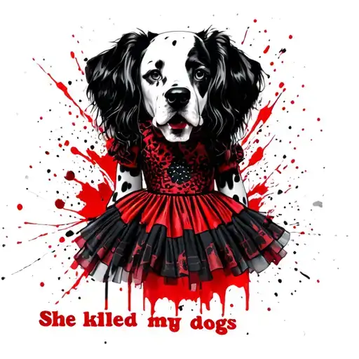 Cruella. full body dress. Rock concert style. Bottom title: "She killed my dogs". Dalmatians background tattoo design idea