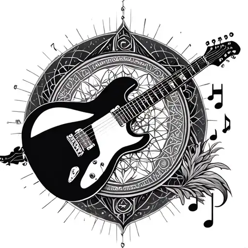 shoulder tattoo, music, sound, vibration, guitar, sacred geometry, black and grey ink tattoo design idea