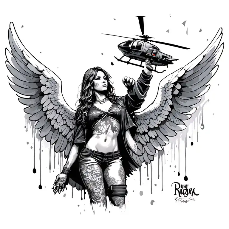 a angel  that is dressed  all gangster with its wings and helo buted up  tattoo design idea