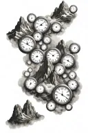 mountain peaks surrounded by fog with 15 very small equal sized clocks hidden in the rock face tattoo design idea