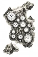 mountain peaks surrounded by fog with 15 very small equal sized clocks hidden in the rock face tattoo design idea
