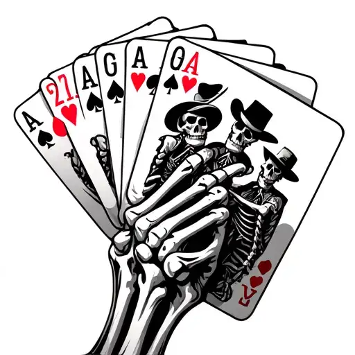 skeleton hand holding a few playing cards with skeleton cowboys on then tattoo design idea