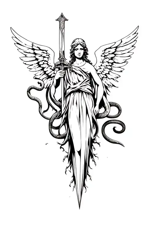 angel holding a sword through a poison tree with a snake wrapped around it tattoo design idea