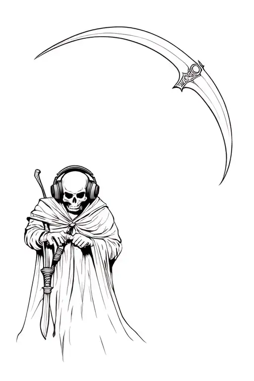 Death with a scythe, in a military helmet with a night vision device, active headphones in a cloak, at war tattoo design idea