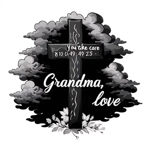 clouds in background, black cross in the middle, the dates 8/10/49-4/9/25 on left of cross, "you take care,grandma love tattoo design idea