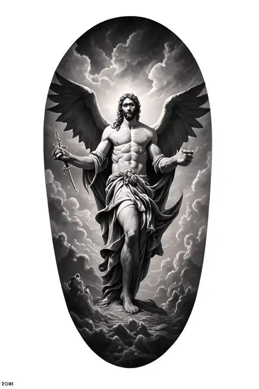 I want a full-sleeve black and grey realism tattoo that illustrates the biblical fall of Lucifer after the war in Heaven tattoo design idea