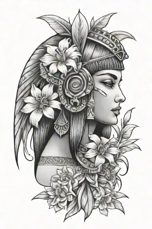 Cleopatra and Liliom flowers tattoo design idea