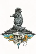 raven flying over skull with stained glass background black tattoo design idea