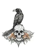 raven flying over skull with stained glass background black tattoo design idea