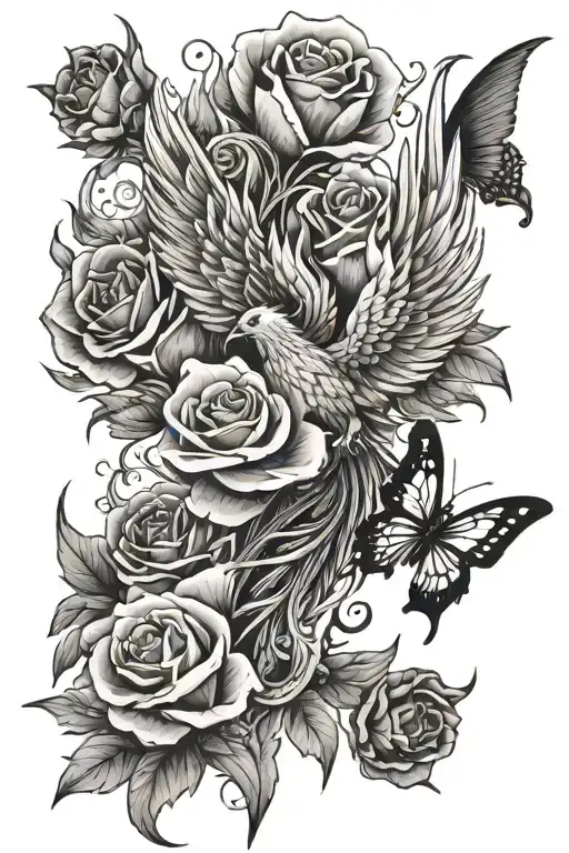 Phoenix with butterflies and roses  tattoo design idea