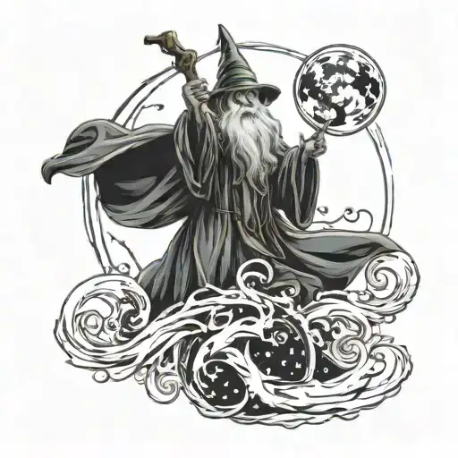 A modern wizard in front of a night sky, raising his right hand with his wand into the sky and creating a patronus out o tattoo design idea