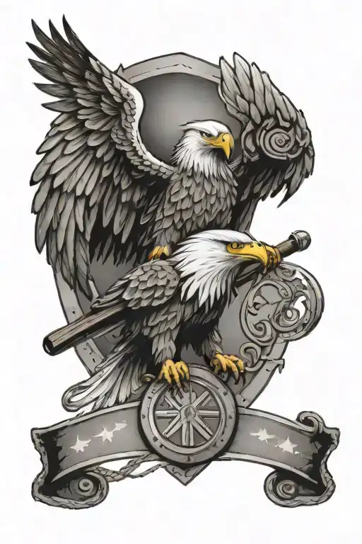 A patriotic eagle perched on a fishing rod, with a Viking shield in the background tattoo design idea