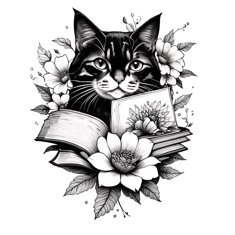 cat fantasy books and flowers line work tattoo tattoo design idea