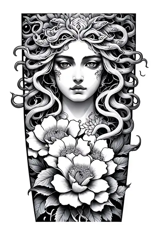 Japanese Irezumi forearm tattoo of Medusa with flower, floral design. unique detailed japanese style  tattoo design idea