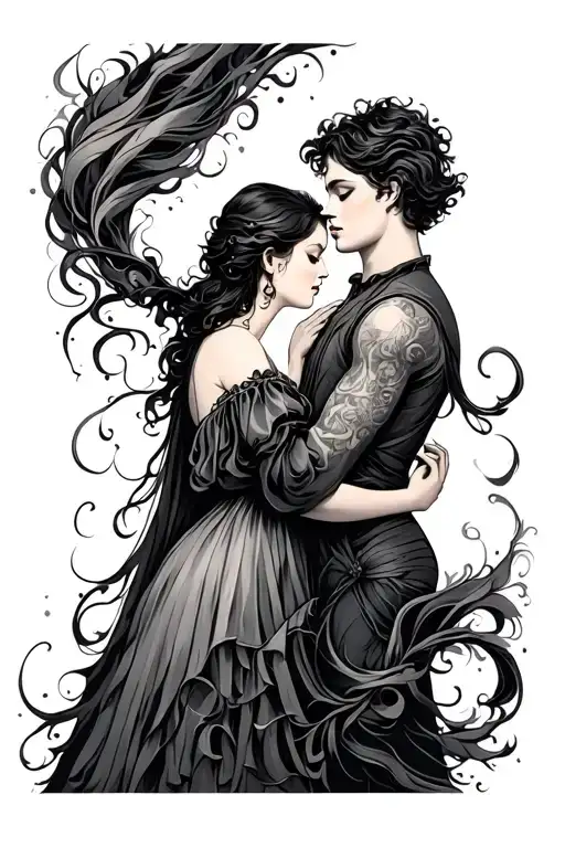 romantic encounter by Mihali Zichy  tatoo , wind background,black and white tattoo ,amore e psiche tattoo design idea
