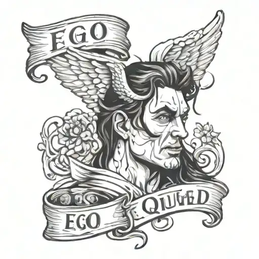 the words "ego Sum quod sum" in a script type font, above and below a portrait of a half angel, half devil portrait tattoo design idea