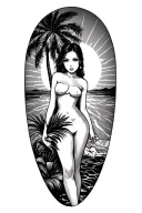 An upper arm sleeve tattoo that features palm trees, a topless woman, and the Japanese rising sun rays and include a hig tattoo design idea