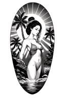 An upper arm sleeve tattoo that features palm trees, a topless woman, and the Japanese rising sun rays and include a hig tattoo design idea