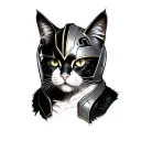 cat (with color black with white and black spot at the nose) and on the head of the helmet from the movie Loki tattoo design idea
