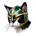 cat (with color black with white and black spot at the nose) and on the head of the helmet from the movie Loki tattoo design idea