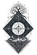 A geometric space landscape inspired by a tree of life and incorporating metatron cube with a compass tattoo design idea