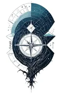 A geometric space landscape inspired by a tree of life and incorporating metatron cube with a compass tattoo design idea