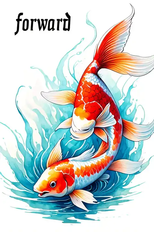 Hebrew text for the word 'forward' in front of a koi fish.  The fish is in motion. tattoo design idea
