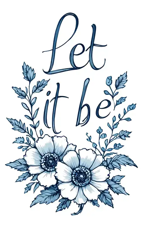 Let it be with flowers surrounding the words in shades of blue and grey tattoo design idea