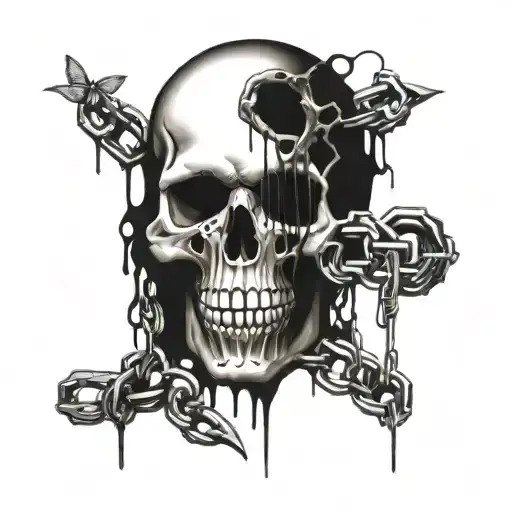 a melted and fused skull bleeding from the eyes and mouth , mouth open while locks and keys and chains with metal thorns tattoo design idea