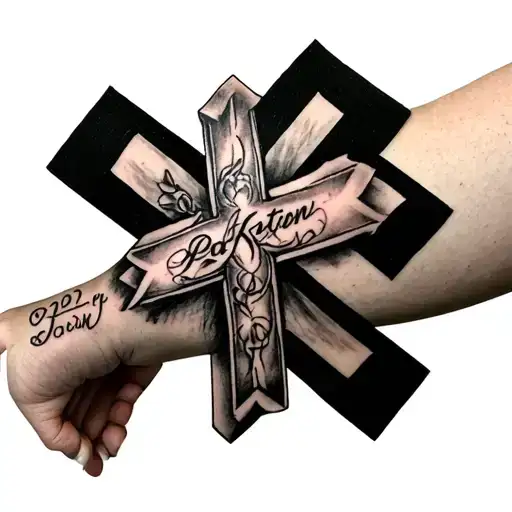 forearm large solid cross religious tattoo to remembering a loss of best friend who passed away 2/15/2022 name is paxton tattoo design idea