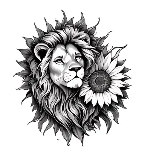 Sketch tattoo girl with a lion sunflower sun tattoo design idea