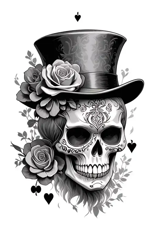 real skull, sugar skull pattern, top hat, queen of hearts card, black and grey. tattoo design idea