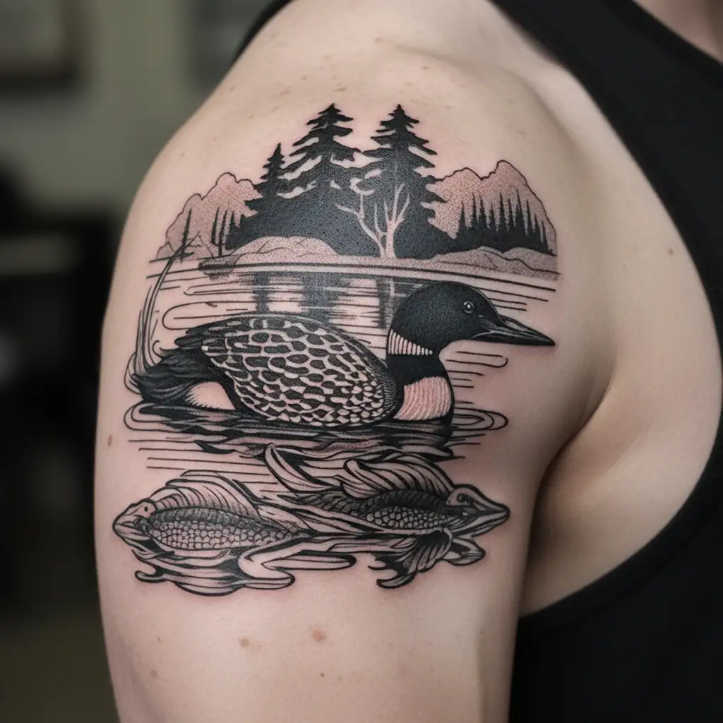 loon and lake tattoo design idea
