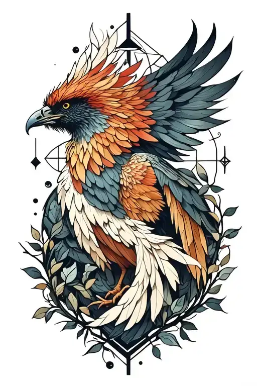 phoenix with vines, celestial elements and geometric negative space, symbolizing resilience, growth, and self tattoo design idea